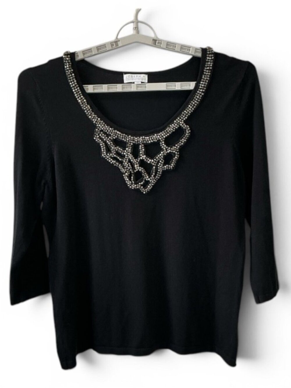 Joseph A Embellished Faceted Beaded Sweater Top Scoop Neck 3/4 Sleeve Black  XL